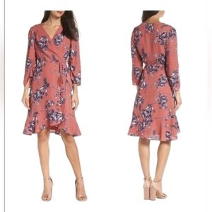 CHARLES HENRY NUDE ROSE FLORAL WRAP DRESS